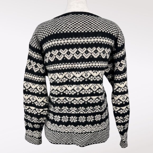 Vintage 80s Susan Bristol Shetland Wool Nordic Sweater Black White Small - Picture 5 of 10
